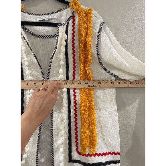 English factory Bohemian festival Tassel Pom Pom Trim Open Front Jacket sz Large - Picture 8 of 8